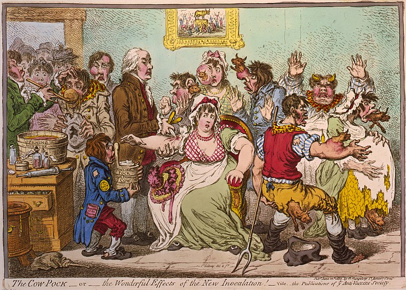 An old watercolour illustration of a group of people with cow-like features.