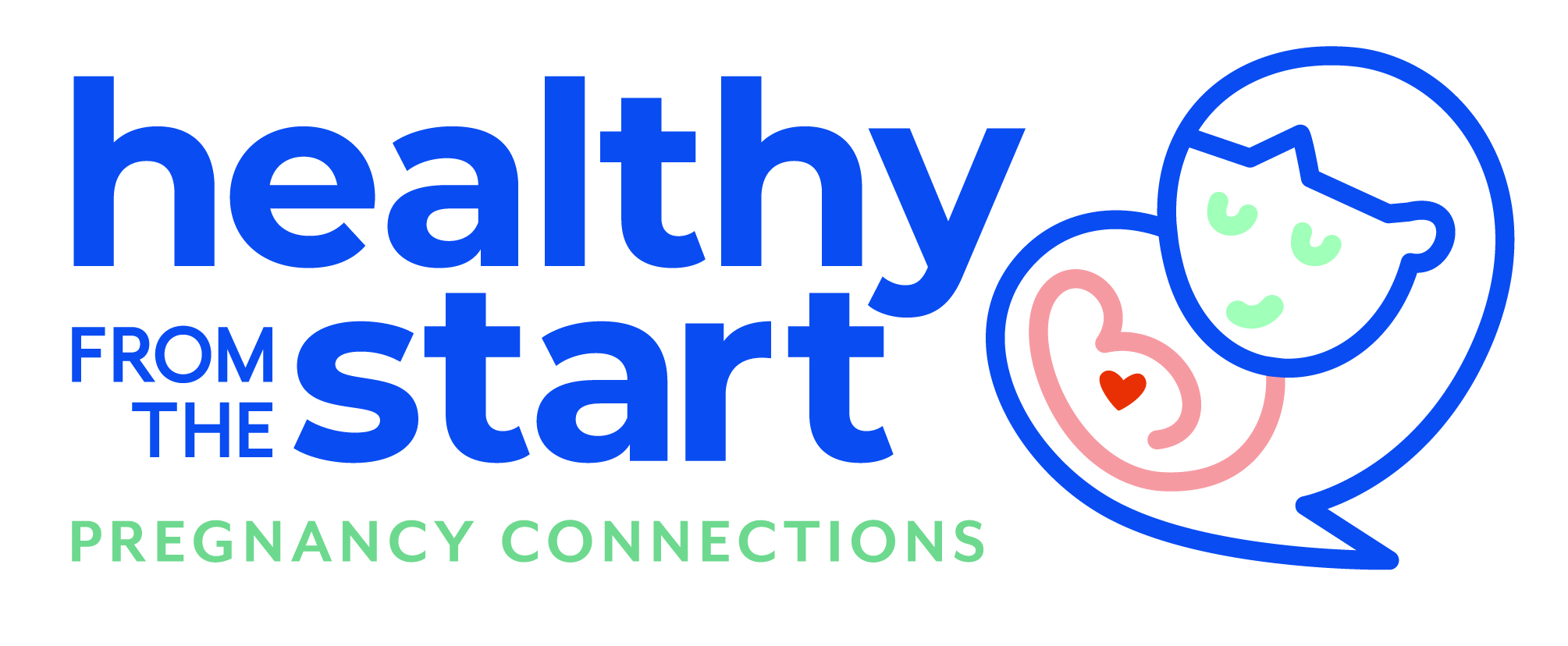 A pastel colour logo showing a figure of a parent with a swaddled baby with a heart in the middle and the words healthy from the start pregnancy connections.