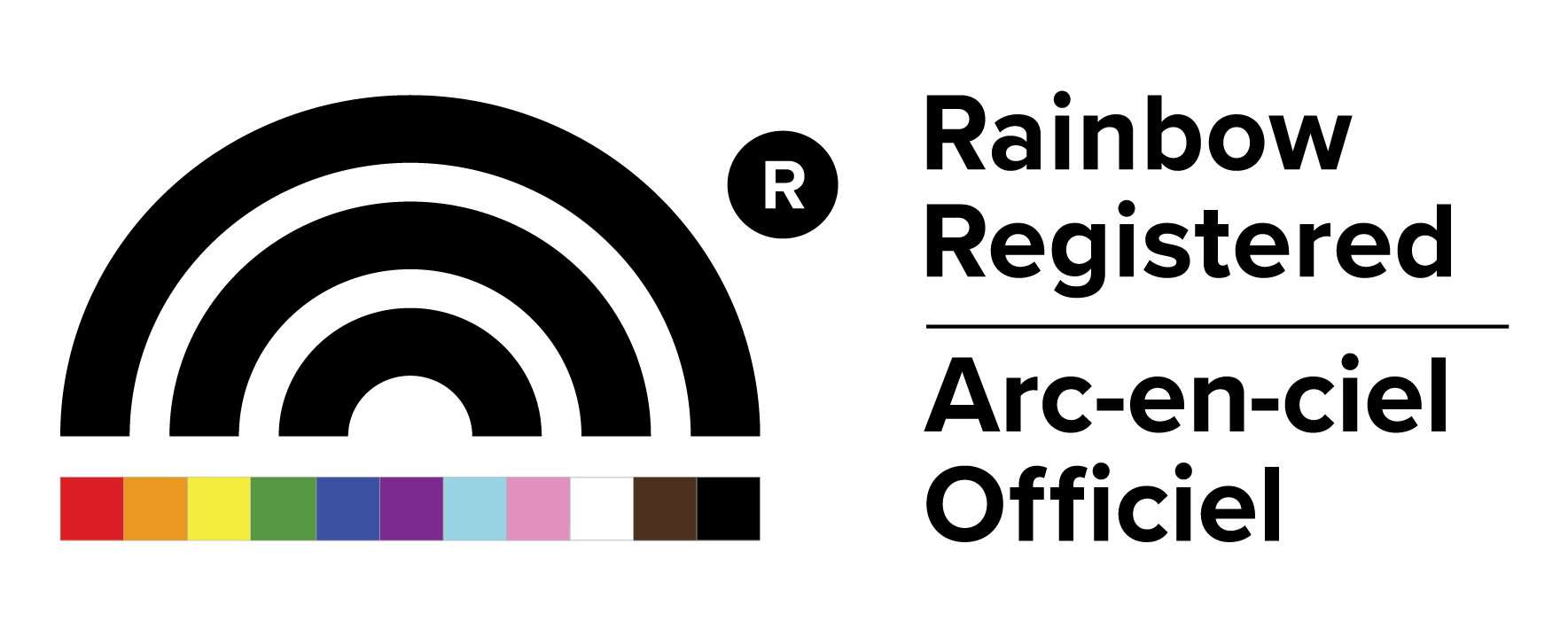 A horizontal logo. On the left side, there's a sketch of a rainbow with black lines, a colour palette below and an r in a black circle in the top right. On the right side, the words Rainbow Registered are written out on top of the French spelling.