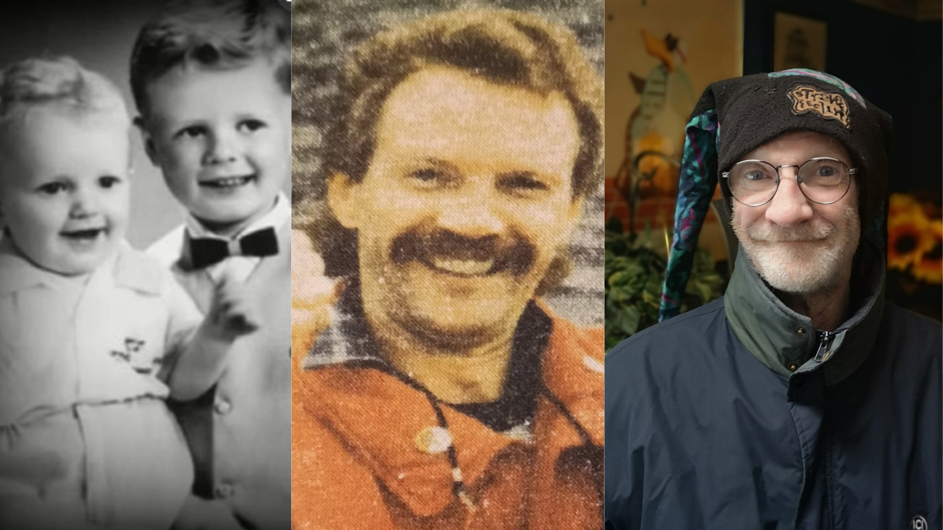 A series of three pictures of a man shown as a baby in a black and white photo, as a younger man with a mustache giving the thumbs up sign and as his older self with a grey beard, grey jacket and toque