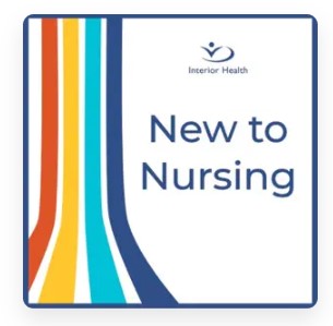 A logo that says New to Nursing and Interior Health with red, yellow, blue and dark blue stripes on the left.