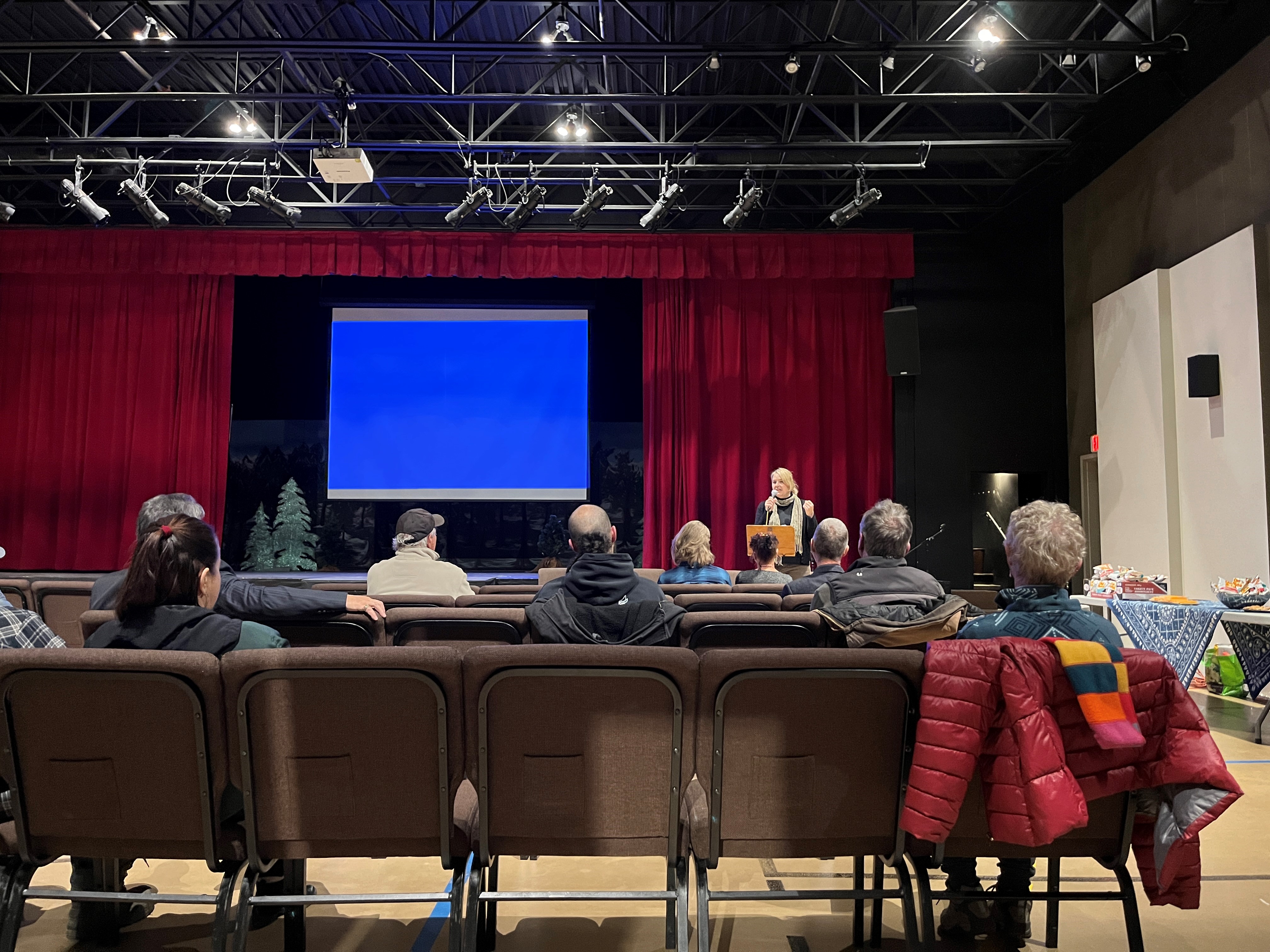 A woman speaks at a podium in front of a burgundy curtain and blue screen in front a group of people in chairs