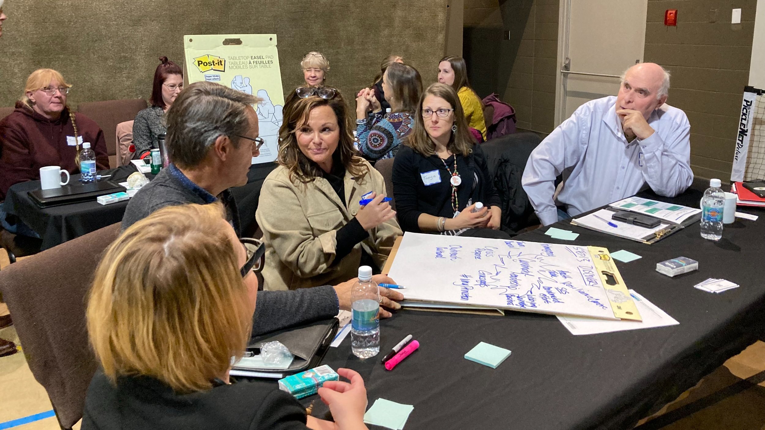 A group of people in business attire sit at a table on which are post-it notes, markers and water bottles