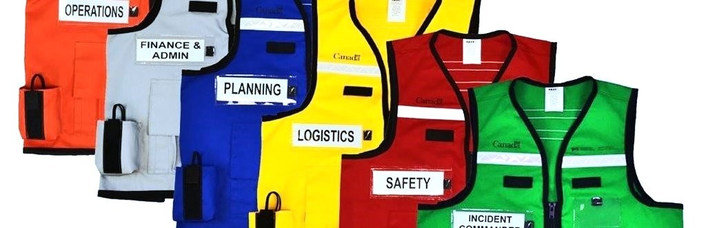 A collection of various colored safety vests labeled with different operational roles such as Operations, Finance & Admin, Planning, Logistics, Safety, and Incident Command. Each vest is uniquely coloured to distinguish roles easily.