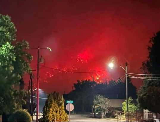 An intense red sky from a wildfire visible behind silhouetted trees and suburban streetlights at night.