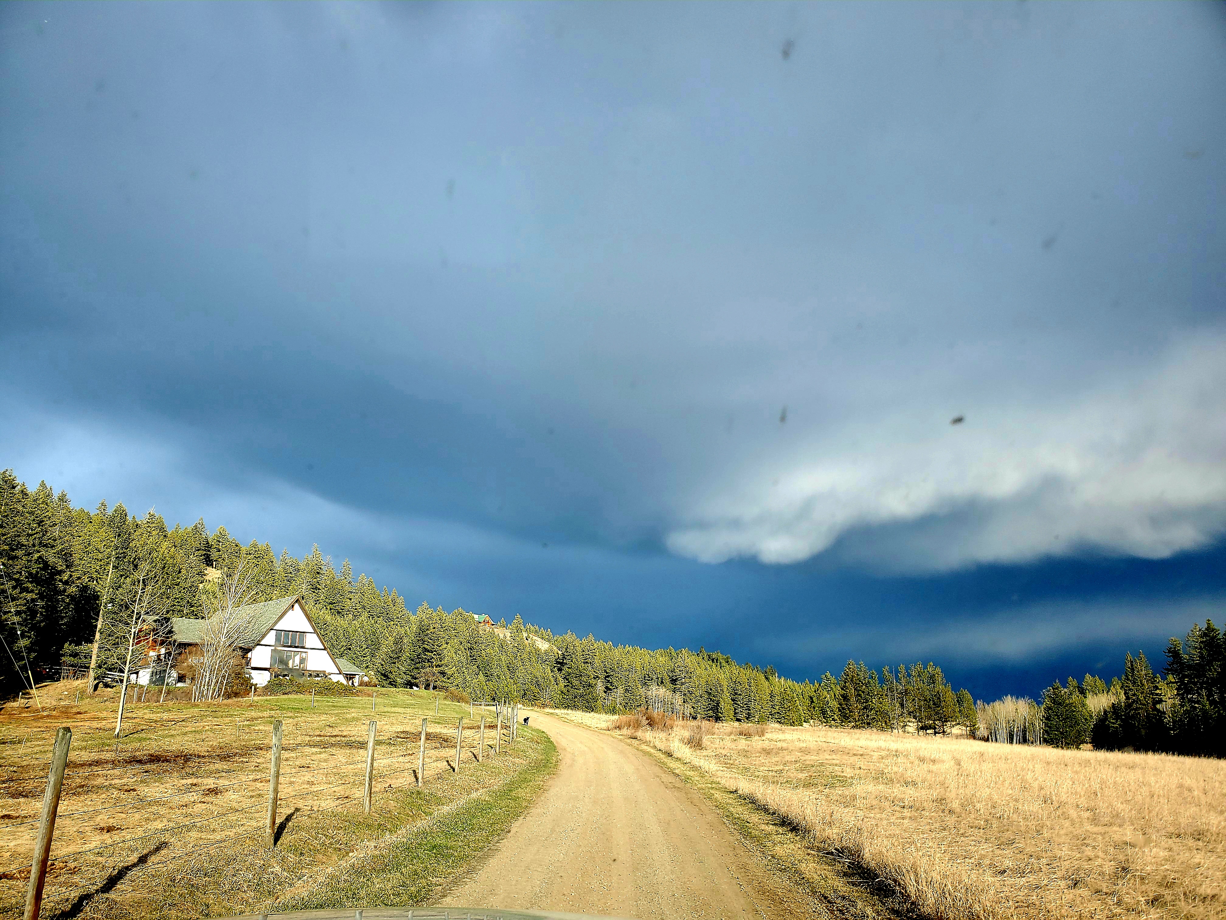 A dirt road leading up to a ranch