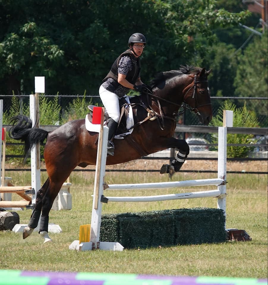 A woman riding a brown horse jumping over a white gate in an equestrian ring.