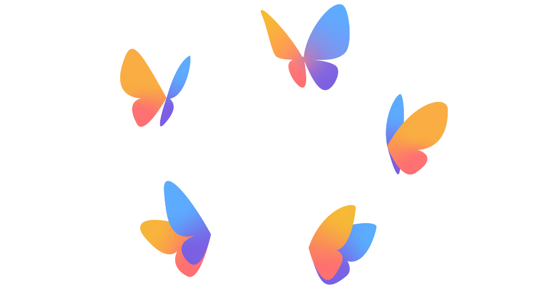 An illustration of multi-coloured butterflies (blue, purple, orange and red) in a circle.