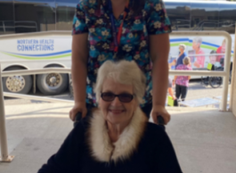 Brookhaven Care Centre staff member Tana (top) and resident Mary return home after the 2021 evacuation.