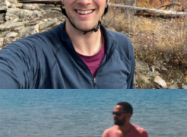 One half shows a man walking in a shallow pond, the other half is a selfie of a man with a bike helmet.