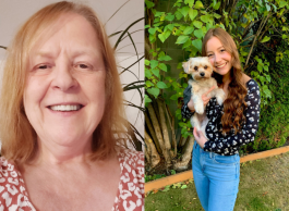 Two photos. On the left, a selfie light-skinned woman with medium long red-blonde hair, wearing a red and white animal print shirt. On the right, a smiling woman with long brown hair in a black long-sleeve shirt with white flowers and blue jeans, holding a small beige dog in front of green bushes.