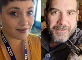 Two photos: on the left, a woman with short brown hair, nose ring and ACE lanyard with computer monitor and desk behind her. On the right, balding man with grey beard.