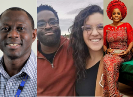 A collage of three photos. The photo on the left features a man in a business shirt and wearing a lanyard, the middle photo features a man and woman outside with their arms wrapped around each other, and the right photo features a woman in a red dress and matching head gear.