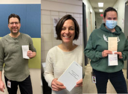 Three smiling people in separate photos stand holding documents