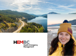 A person with long dark hair in a yellow jacket and toque is superimposed over a landscape of a lake, mountains and river, next to the red and black Health Emergency Management BC logo