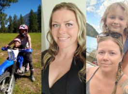 Three images: One of a woman and child on a blue dirt bike, wearing helmets, one of a blonde woman in a black top smiling, one of a woman and child standing in front of a lake smiling