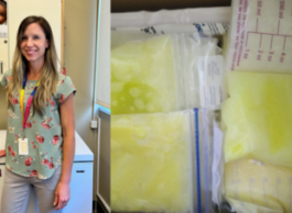 A photo depicting two images, one of a woman in a teal top and blue jeans standing in front of a freezer and another of plastic bags of yellow frozen breast milk