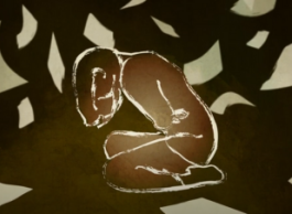 A sepia and beige coloured illustration of a human being on their knees, head bowed and arms wrapped around their body with papers flying about