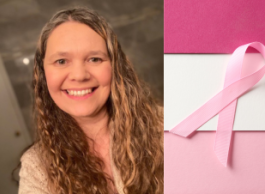 A head and shoulders photo of a smiling woman with long wavy brown-blond hair next to an image of a pink ribbon on top of three horizontal stripes in dark pink, white and light pink