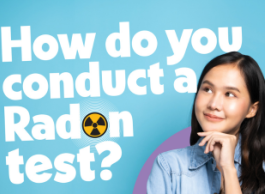 A young smiling girl with long black hair with her hand under her chin looks up at the words How do you conduct a radon test?