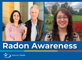 Three people in two side by side pictures. On the left is a woman with short dark hair in a pink polka-dot shirt standing next to a man in a black jacket. On the right is a smiling woman with long reddish brown hair and glasses standing in front of a garden of red flowers. Below the picture it says Radon Awareness in white letters.