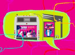 A bright green illustrated speech bubble shows an ad in a bus shelter and on a mobile phone for substance use services for youth