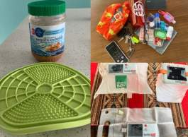 Three images showing jar of peanut butter and round green plastic pad; red water bottle, keys, red toiletries case, hand sanitizer, medications, glasses, and Bandaids; clear plastic inflatable boxes branded luminAID.