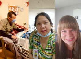 Collage of three images: On the left, a health-care worker checks on a patient in a long-term care home setting. In the centre, a hospital worker in a green top with a face mask around their chin stands in a hospital room. On the right, a smiling individual with shoulder-length hair poses for a selfie in a room.